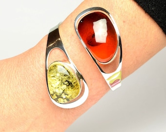 Green And Cognac Amber Bracelet, Large Amber Stone Bracelet, New Design Amber Bracelet, Modern Amber And Silver Bracelet,Large Cuff Bracelet