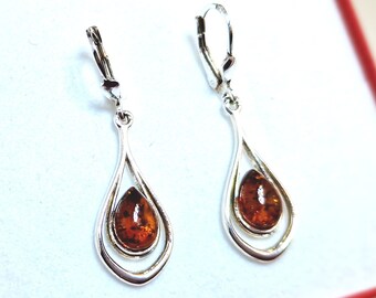 Baltic Amber Drop Earrings, Cognac Amber Stone Earrings, Amber And Sterling Silver Drop Earrings,Elegant Amber Dangle Earrings,Amber Jewelry