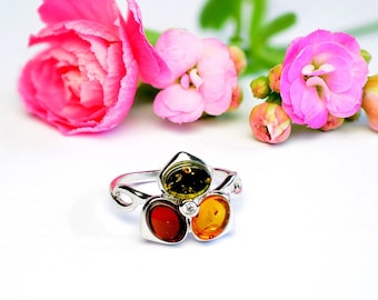 multicolor amber ring, kleine bloem amber ring, Baltische amber steen ring, sterling zilver en gekleurde amber ring, elegante amber ring, mooie cadeau