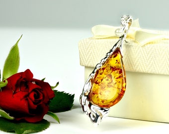 Baltic Amber & Sterling Silver Flower Pendant - Cognac Leaf Design (No Chain)