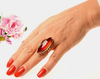 Baltic Amber Ring, Red Amber Gold Plated Ring, Ruby Amber Statement Ring,Red Amber Stone And Silver Ring,Large Amber Adjustable Ring Jewelry