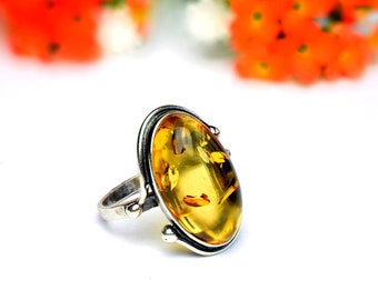 nature boho ring Amber ring brown natural amber gemstone ring for women birthday gift for her flower ring in silver /& Baltic amber