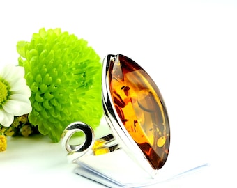 Cognac Amber Stone Ring, Baltic Amber Silver Ring,Sterling Silver Ring With Natural Amber,Genuine Amber Adjustable Ring,Baltic Amber Jewelry
