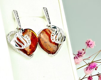 Amber Earrings, Cognac Baltic Amber Dangle Earrings, Amber Hearts With Openwork Silver Setting, Amber Stone Earrings,Earrings Gift For Women