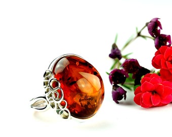 Oval Cognac Amber Ring,Baltic Amber Adjustable Ring,Amber And Sterling Silver Ring,Natural Baltic Amber Jewelry,Elegant Amber Ring For Women