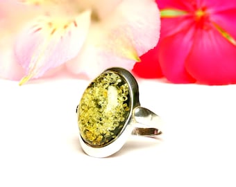 Green Baltic Amber Ring,Amber Stone Ring With Silver,Minimalist Amber Statement Ring,Green Amber Gemstone Ring,US Size 8,Green Amber Jewelry