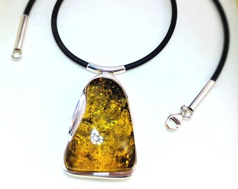 Large Green Baltic Amber Necklace, Gold Amber Stone Pendant With Caoutchouc Necklace, Solid Amber And Sterling Silver Choker, Amber  Jewelry