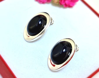 Black Baltic Amber Stud Earrings, Large Amber And Sterling Silver Stud Earrings, Oval Amber Stud For Her, Solid Amber Stud Earrings- Jewelry