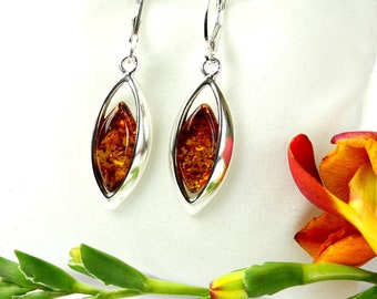 Baltic Cognac Amber Earrings, Dangle Amber Earrings Gift, Solid Amber & Silver Earrings, Genuine Amber Stone Earrings, Baltic Amber Jewelry