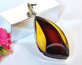 Hand Carved Baltic Amber And Sterling Silver Pendant, Natural Clear Amber Stone Pendant - Drop Jewelry, Elegant Amber Drop Pendant For Women