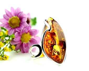 Gold Amber And Sterling Silver Ring,Baltic Cognac Amber Ring,Silver Ring With Amber Stone,Natural Cognac Amber Adjustable Ring,Amber Jewelry
