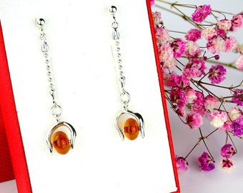 Long Silver And Amber Earrings, Elegant Baltic Amber Dangle Earrings,Cognac Amber Stone Earrings,Natural Amber Gemstone,Baltic Amber Jewelry