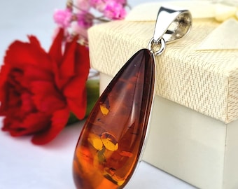 Dark Cognac Amber Drop Pendant, Natural Amber Gemstone Pendant, Baltic Amber Stone Pendant, Amber And Silver Pendant Jewelry,Amber Drop Gift