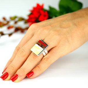 Rectangular Colored Ring,Amber-Shell-Wood-Coral Ring,Modern Adjustable Ring,Handmade Layered Ring,Sterling Silver Ring,Baltic Amber Jewelry