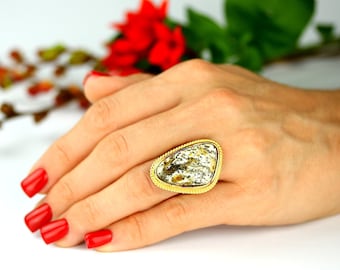Unique Rare Amber Ring, Natural Amber Stone Ring, Genuine Amber And Silver Ring, Marble Amber And Gold Plated Ring, Unique Amber Jewelry.