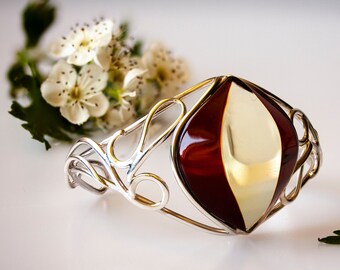Luxury  Amber Bracelet, Cuff Amber Bracelet For Women,Cherry Amber And Silver Bracelet,Cuff Gemstone Bracelet,Ornate Ornament Amber Bracelet