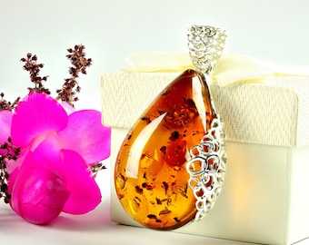 Cognac Baltic Amber Pendant,Amber Pendant With Impressive Silver Design,Baltic Amber Stone Drop, Amber Drop For Women,Cognac Amber Jewellery
