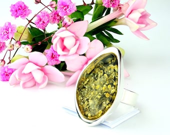 Grüner Bernstein Ring, Grüner Bernstein mit Glitzer, Bernstein Und Sterling Silber Ring, Massiver Bernstein Verstellbarer Ring, Baltischer Grüner Bernstein Schmuck