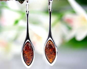 Cognac Amber Dangle Earrings, Long Amber And Silver Earrings, Silver Dangle Earrings With Amber Stone,Elegant Baltic Cognac Amber Earrings