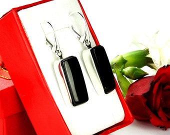 Solid Black Amber Dangle Earrings,Long Baltic Amber Earrings,Modern Amber Earrings,Amber And Sterling Silver Earrings,Handmade Amber Jewelry