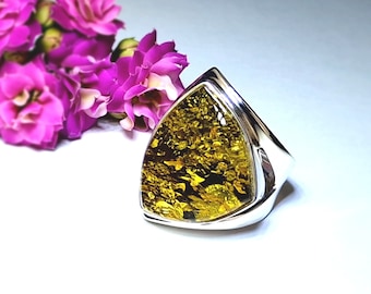 Moderner grüner Bernstein-Stein-Ring, baltischer Bernstein und Sterlingsilber-Ring, echter Bernstein-verstellbarer Ring, grüner Bernstein mit Gold-Glitter-Ring-Geschenk