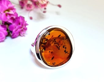 Statement Baltic Amber Ring, Dark Cognac Stone, Sterling Silver