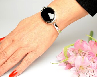 Black Baltic Amber Bracelet, Sterling Silver Hinged Bracelet