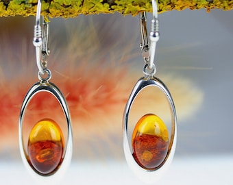 Baltic Cognac Amber Earrings, Oval Amber And Silver Earrings, Amber Drop Earrings, Classic Amber Earrings,Natural Amber Earrings, Amber Gift