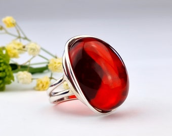 Anillo grande de ámbar báltico, anillo de piedra de ámbar rojo, anillo ajustable de ámbar genuino, anillo ovalado de ámbar y plata, ámbar natural auténtico, regalo de ámbar