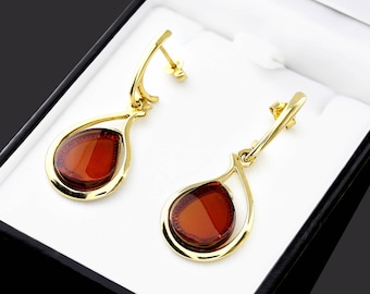 Cherry Red Amber Earrings, Gold Plated Earrings With Red Amber, Elegant Amber Drop Earrings,Cherry Amber And Silver Earrings, Red Amber Stud