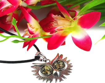Owl Pendant,Amber Owl Pendant,Stack Amber,Green Amber Pendant,Silver Owl Pendant,Sterling Silver Pendant,Pendant  For Her, Gift For Teacher
