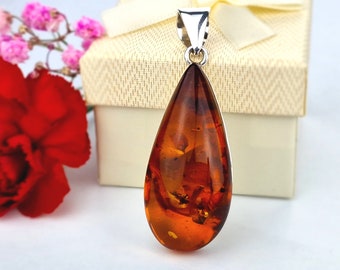 Dark Cognac Amber Drop Pendant, Natural Amber Gemstone Pendant, Baltic Amber Stone Pendant, Amber And Silver Pendant Jewelry,Amber Drop Gift