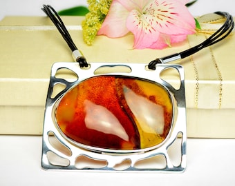 Large Baltic Amber Stone Necklace, Sterling Silver, Handmade