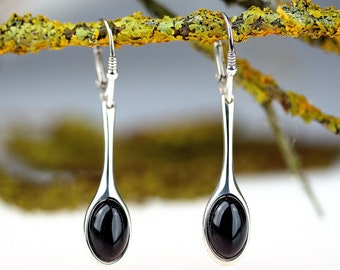 Long Black Amber Earrings, Long Amber Jewelry,Baltic Amber Silver Jewelry, Baltic Amber Earrings,Black Amber Earrings,Elegant Amber Earrings
