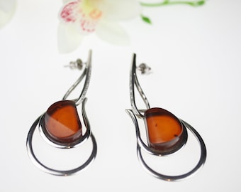 Big  Amber Earrings, Cherry Stud Amber Earrings, Massive  Earrings,Amber Drops Earrings,Silver And Zirconium Earrings,Genuine Amber Earrings
