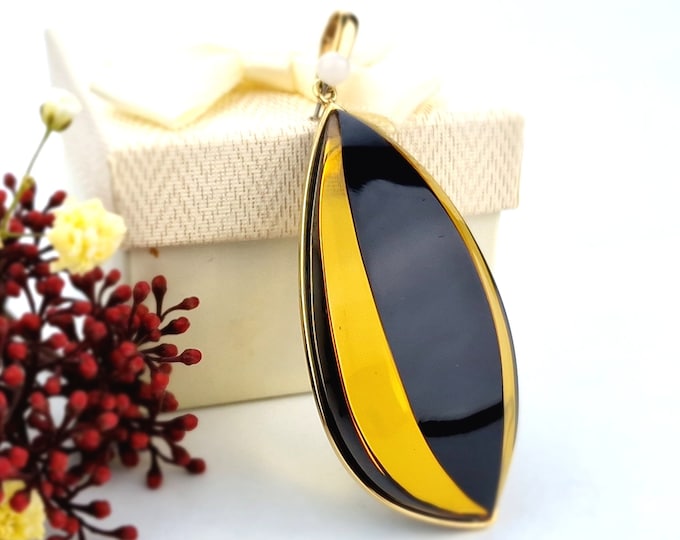 Featured listing image: Engraved Amber Pendant, Carved Amber Drop,Elegant Amber And Gold Plated Pendant,Baltic Amber Stone Pendant,Clear-Black Amber Pendant Jewelry