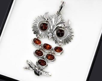 Cognac Baltic Amber Owl Pendant, Sterling Silver 925