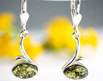 Baltic Amber Stone Dangle Earrings,  Green Amber Drop With Silver Earrings, Small Amber Earrings For Every Day, Elegant Green Amber Jewelry