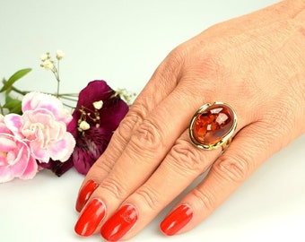 Anillo de piedra de ámbar chapado en oro, anillo de ámbar y plata de coñac, anillo ajustable de ámbar genuino, anillo de piedra preciosa de ámbar hecho a mano, anillo elegante para mujeres