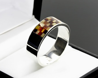 Male Ring, Men Silver Ring, Men Amber Ring, Ring Mosaic, Unisex Ring, Unisex Amber Ring, Ring Gift For Him, Unique Male Ring, Mens Jewelry