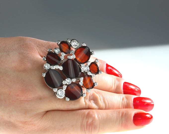 Featured listing image: Large Silver Flower Ring, Silver Floral Ring,Stack Zircon Amber Ring, Zircon Gemstone Ring,Amber Flower Silver Ring,Big Luxurious Amber Ring