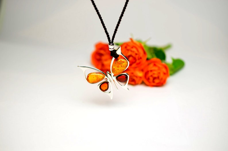Cognac Amber Pendant Gift Butterfly Amber Silver Pendant,Colored Amber Stone Necklace,Cherry Necklace Multicolored Baltic Amber Pendant