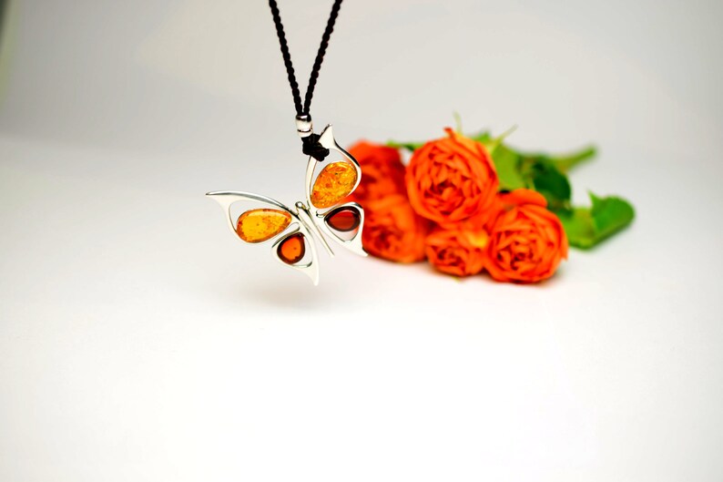 Cognac Amber Pendant Gift Butterfly Amber Silver Pendant,Colored Amber Stone Necklace,Cherry Necklace Multicolored Baltic Amber Pendant