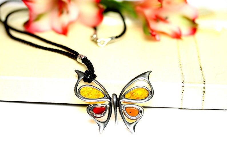 Cognac Amber Pendant Gift Butterfly Amber Silver Pendant,Colored Amber Stone Necklace,Cherry Necklace Multicolored Baltic Amber Pendant