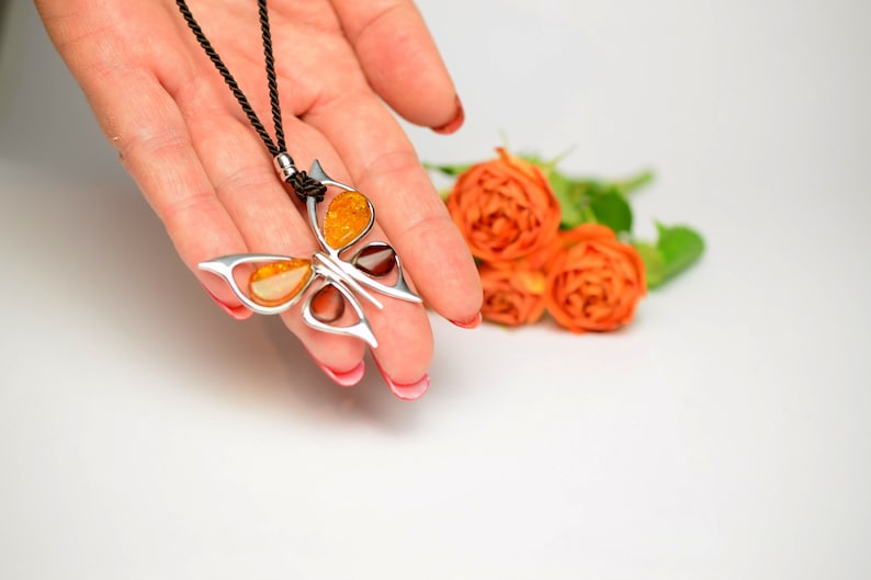 Cognac Amber Pendant Gift Butterfly Amber Silver Pendant,Colored Amber Stone Necklace,Cherry Necklace Multicolored Baltic Amber Pendant
