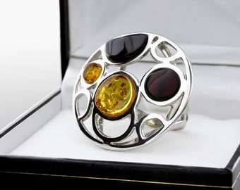 Multi Amber Stone Ring,Round Amber Gemstone Ring,Colored Amber Stone Ring,Large Amber And Silver Ring,Sterling Silver Baltic Amber Jewellery