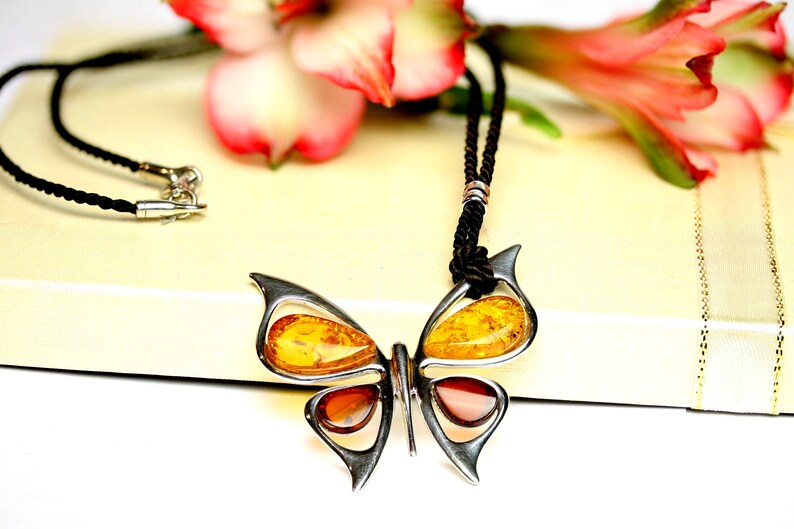 Cognac Amber Pendant Gift Butterfly Amber Silver Pendant,Colored Amber Stone Necklace,Cherry Necklace Multicolored Baltic Amber Pendant