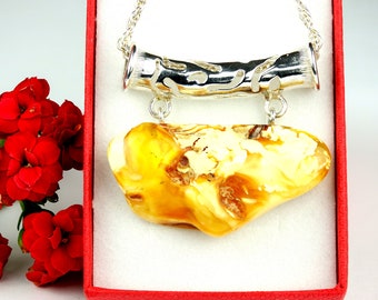 Rare Baltic Amber Pendant,White Natural Amber Pendant,Amber Stone Sterling Silver Pendant,Genuine Amber Gemstone Pendant,Rare Amber Jewelry