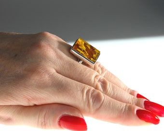 Cognac Baltic Amber Ring, Sterling Silver, Statement Jewelry