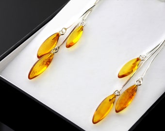 Baltic Amber Earrings For Women, Long Amber And Silver Earrings,Genuine Orange Amber Earrings,Cognac Amber Earrings, Amber Gemstone Earrings